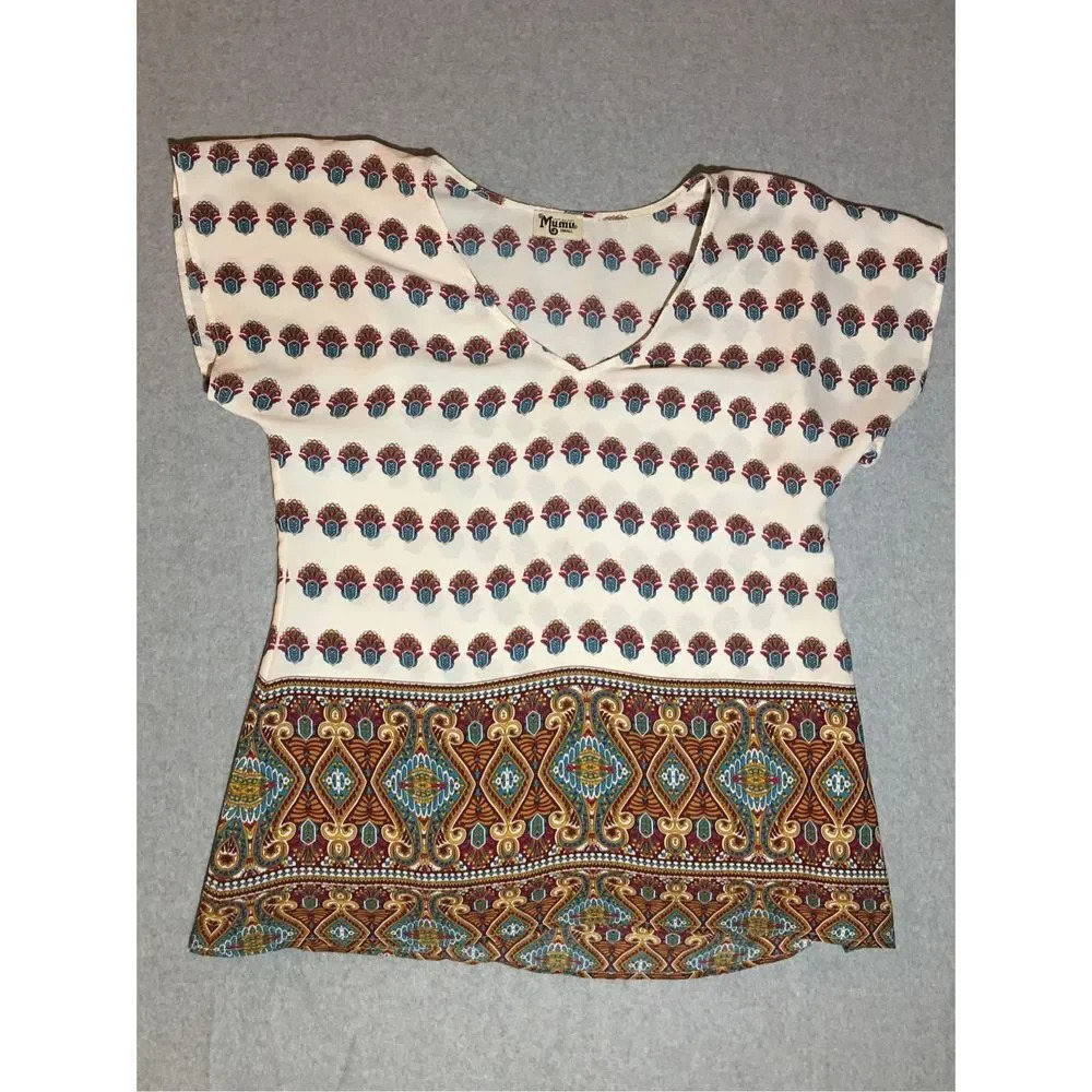 Womens Show Me Your MuMu Blouse Size Small Feathers Novelty Print White